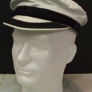 White Leather Black Braided Trim Motorcycle Greek Style Fisherman’s Hat Sz M Made In USA Harley Davidson Indian Cap Bad To The Bone Brando