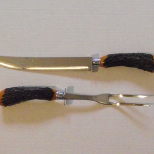 Royal Brand Cutlery Company Faux Stag Bakelite Handle Carving Set Holiday Turkey Ham Beef Stainless Steel Knife Fork Mid Century Modern