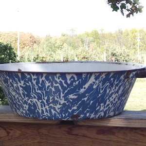 Robin’s Egg Blue/White Swirl Enamel/Granite Large Dish Washing Pan No Holes Out Door Kitchen Wash Tub Rustic Primitive Living Farmhouse Barn