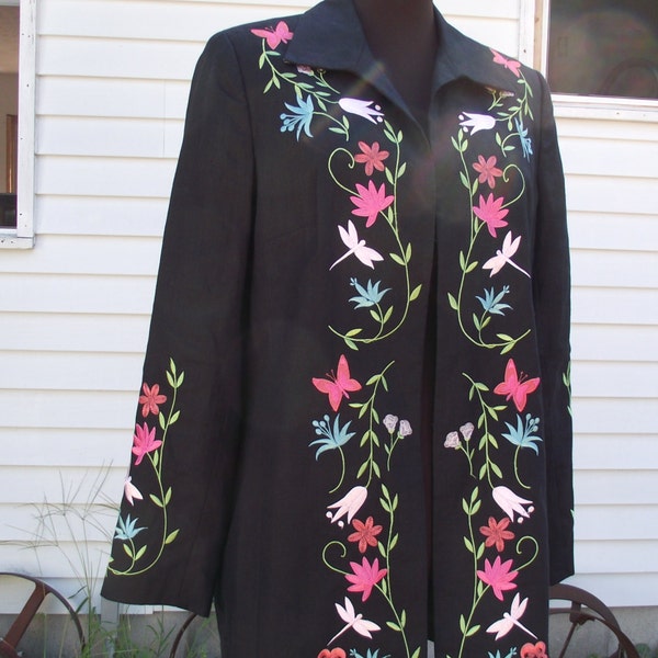 Embroidered Boho Gypsy Hippie Black Linen Dress Jacket Sz M Dragonfly's Butterfly's Flowers Woodland Cottage Chic Resort Cabin Wedding Chic