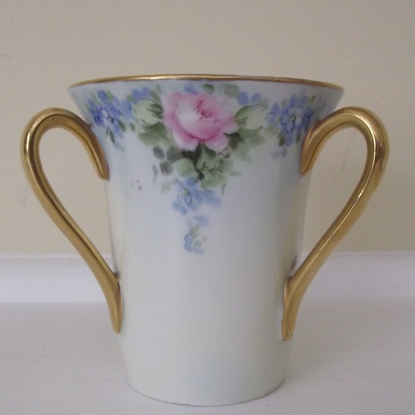 Victorian Era Royal Bavaria Gold Gilt Porcelain Loving Cup Blue Violets Pink Rose Hand Painted Wedding Cottage Chic Tableware Vase Garden