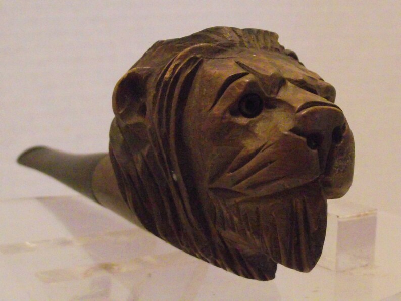 Vintage 1920\u2019s-30\u2019s Hand Cut Briar Full Male Lion\u2019s Head Wood NOS Pipe Tobacciana Collectible Smoking Memorabilia Hipster Cottage Chic Folk