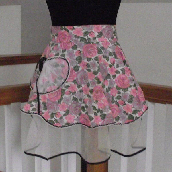 1940’s Pink Rose Sheer White Crinoline Black Accent Reversible Apron Hipster Retro Mid Century Mod I Love Lucy Hipster Cottage Chic Mad Men