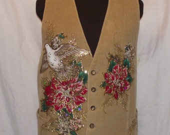 Gold Tone Corduroy Cortefiel Made In Spain Vest Waistcoat Women’s Size XL/2XL White Dove Red Poinsettia Bling Cinched Back Waist Pockets