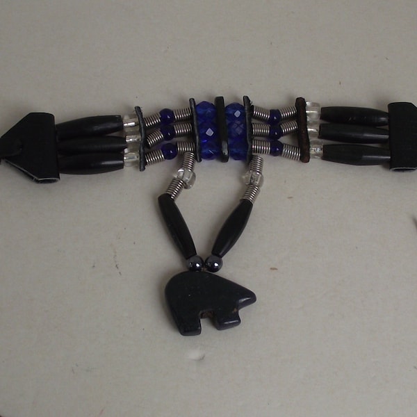 Bear Carved From Onyx Bone Leather & Springs Blue glass Beads Native American Choker Southwest Tribal Woodland Rustic Primitive Jewelry