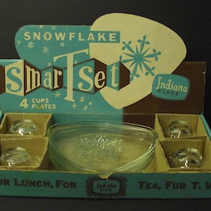 Indiana Glass Snowflake Smart Snack Set MIB 4 Servizio Chiaro Vacanza Divertente Regalo Dare Casaa sposa Sposa Baby Shower Set da tè