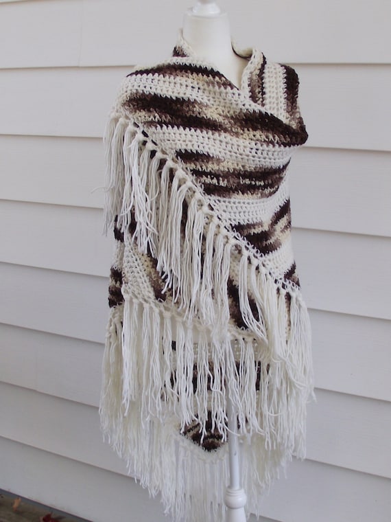 Hand Crocheted Knitted Cream Brown Shawl Long Frin