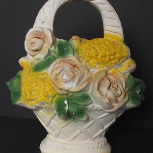 1930-40’s Molded Chalkware Bank Basket of Yellow Rose’s Carnival Row Souvenir Bisque Plaster Knick Knack Money Container Amusement Memory