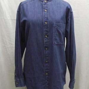 Sero Denim Mandarin Collar Shirt Heren Sz M/Women&#39;s 2XL Natural Cotton Long Sleeve Button Front Large Open Top Pocket Pen Slot Blue Jean