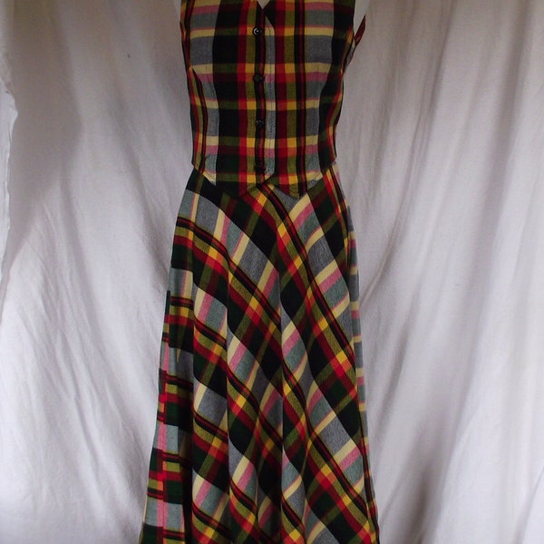 1970’s Home Made Aline Fit Flair Skirt w/ Matching Fitted Lined Vest Sz S/M Double Knit Polyester Yellow Red Black Green Plaid Jet Buttons