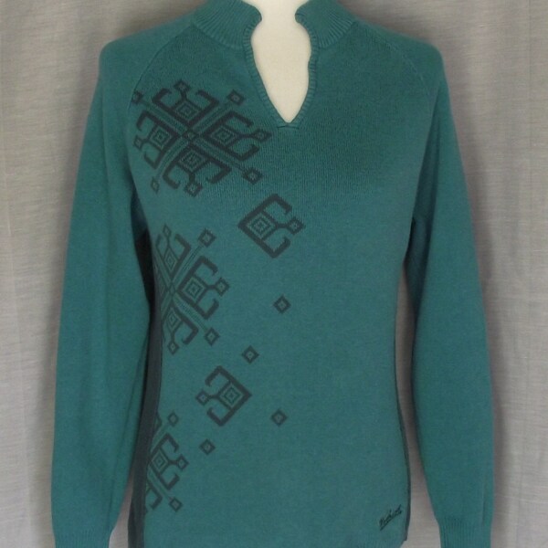 Woolrich Women’s Pull Over Sweater Sz S Teal/Gray Knit Nordic Snowflake Design Rustic Woodland Cottage Chic Country Farmhouse Casual Living