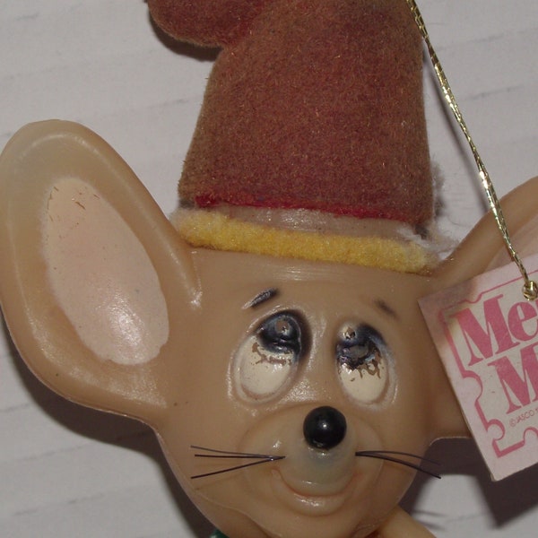 1979 Merry Mice Christmas Ornament Flocked Molded Plastic Moveable Head Feet Tail Santa Red Elf Stocking Hat Kitschy Christmas  Memories
