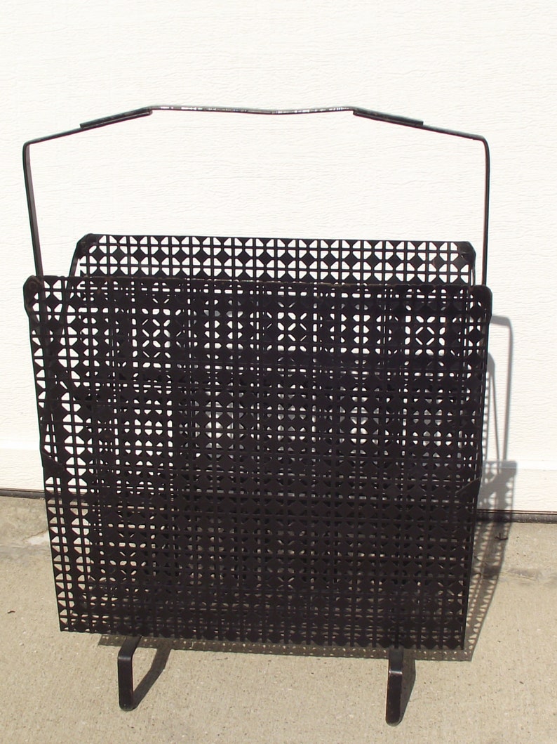 Black Iron Diamond Geometric Pattern Footed Magazine Rack MCM Home Décor Up Cycle Craft Storage Trendy Metro Urban Eclectic Furnishings image 2