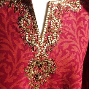 Burgundy Floral Highly Jeweled Salwar Kameez Pant Suit Ombre Gold Bling Scarf Sz L Ethnic India Pakistan Traditional Designer Couture NOS DS