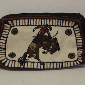 El Paso Saddle Blanket Co Cosmetics Bag Bucking Bronco Farmhouse Ranch Design Country Western Motif Rodeo Fun Tiny Hand Clutch Palm Purse