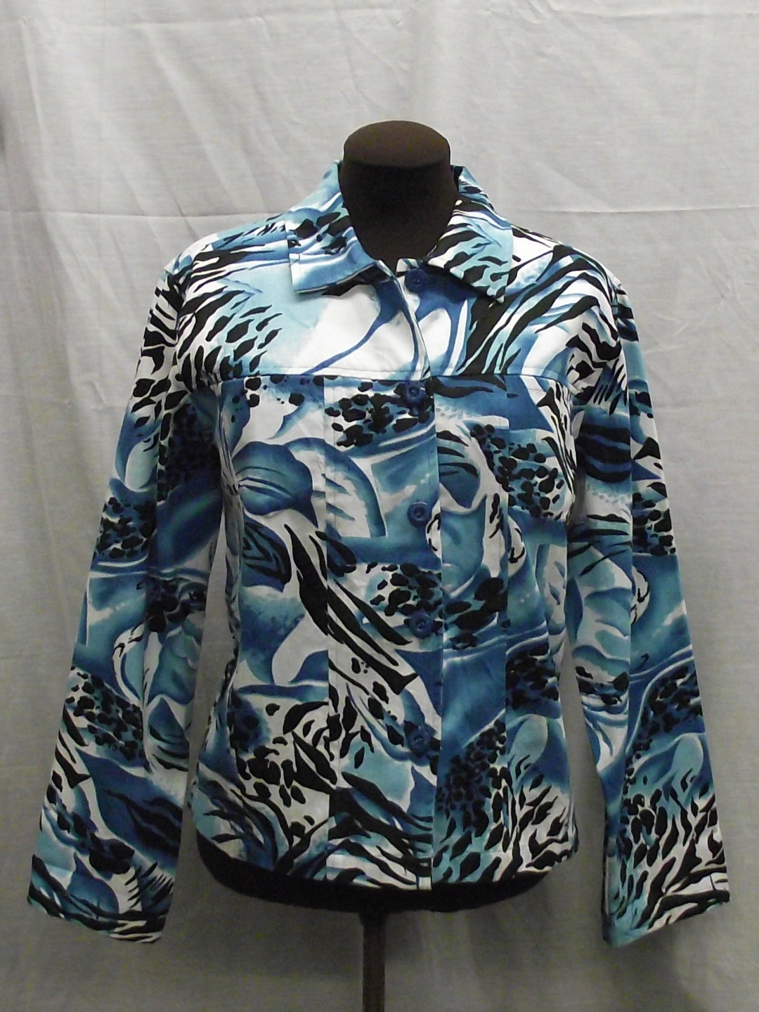 Sara Studio Cotton Denim Floral Blues White Black Tropical Print