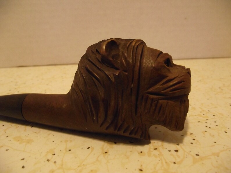 Vintage 1920\u2019s-30\u2019s Hand Cut Briar Full Male Lion\u2019s Head Wood NOS Pipe Tobacciana Collectible Smoking Memorabilia Hipster Cottage Chic Folk