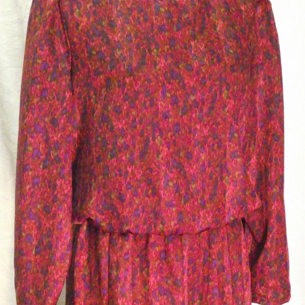 Downton Abby Day Dress by Prato Sz L USA Made Long Sleeve Tulip Skirt Pull Over Back Hook Red Purple Green Rayon Geometric Art Pattern Retro