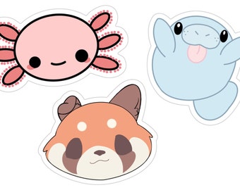 Animal Stickers - axolotl, red panda, and manatee