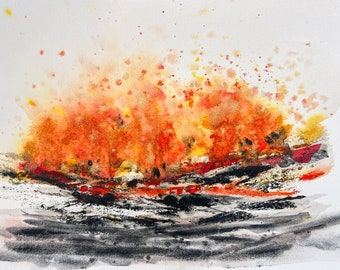 Eruption Watercolor Art Print - Oahu, Hawaii - Volcano, Tropical, Painting, Abstract