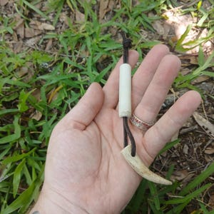 May include: A pendant featuring a curved, off-white animal tooth or antler tip suspended from a dark brown leather cord. A smooth, cylindrical white bead is threaded onto the cord above the tooth, secured by a simple knot at the top end.