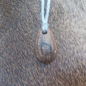 May include: A brown wooden pendant with a carved symbol hangs from a white cord. The pendant is oval shaped and has a rough texture.