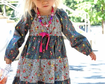 High-waist peasant dress pattern for girls, toddler. Sewing PDF patterns for children. Sizes: 12 months to 12 years.