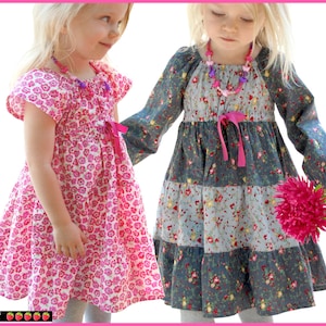High-waist peasant dress pattern for girls, toddler. Sewing PDF patterns for children. Sizes: 12 months to 12 years