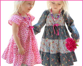 High-waist peasant dress pattern for girls, toddler. Sewing PDF patterns for children. Sizes: 12 months to 12 years