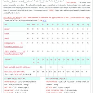 May include: A chart with instructions for sewing a halter dress for girls, sizes 12 months to 12 years. The chart includes measurements for height, chest, waist, and dress length. It also lists the supplies needed, including fabric, elastic band, and pattern pieces.