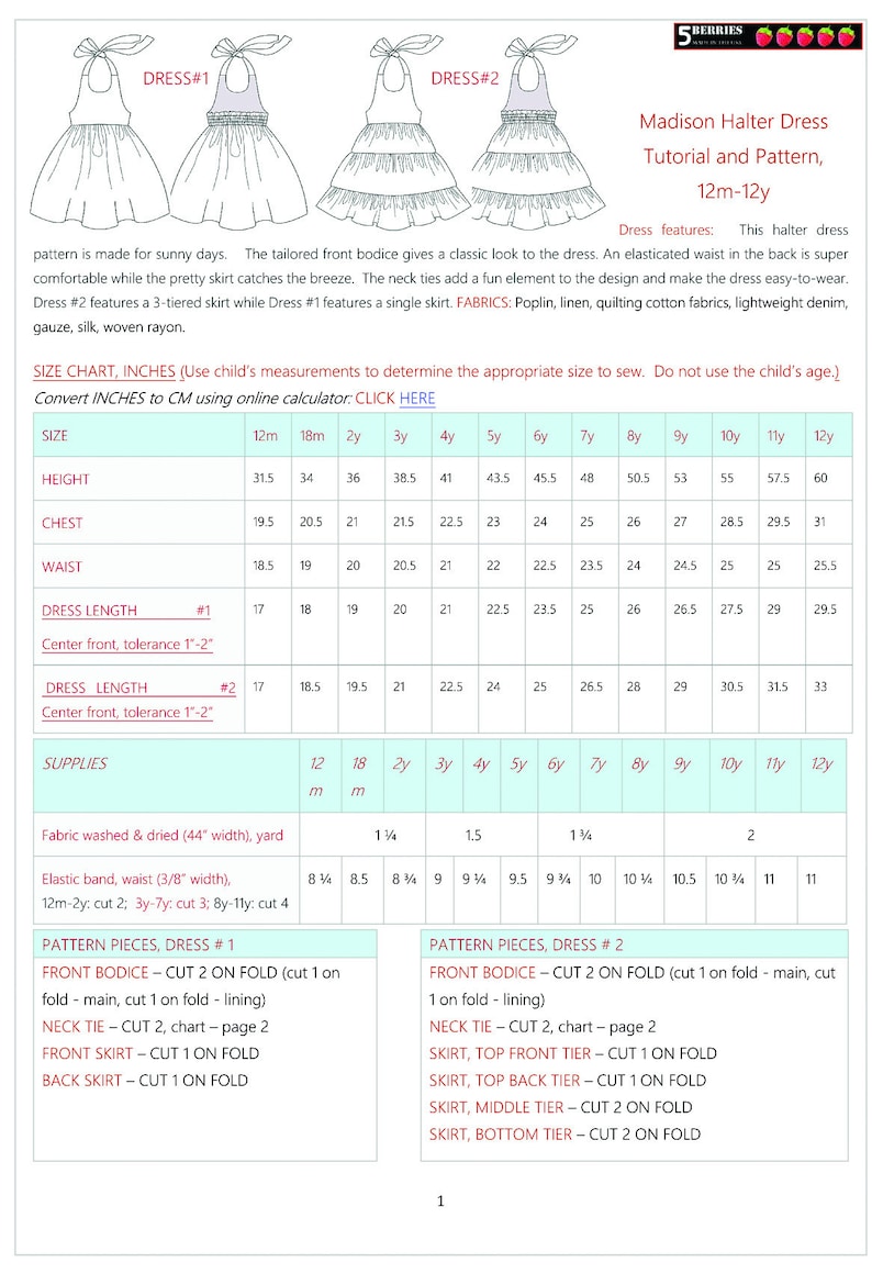 May include: A chart with instructions for sewing a halter dress for girls, sizes 12 months to 12 years. The chart includes measurements for height, chest, waist, and dress length. It also lists the supplies needed, including fabric, elastic band, and pattern pieces.