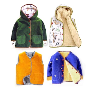 May include: Four different children's jackets in various colours and patterns. The jackets are made of corduroy and fleece. The jackets have buttons and pockets. The jackets are all lined with fleece.