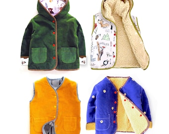 Toddler sewing pattern bundle. Hooded coat, jacket, vest and hooded vest PDF sewing pattern. 0m-6y