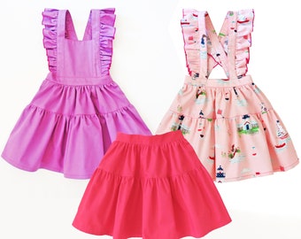 San Diego pinafore PDF sewing pattern for babies, toddlers and girls. Easy skirt pattern. 0m-13y