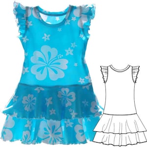 May include: A blue sleeveless dress with a white floral print and a layered ruffle skirt. The dress has a round neckline and cap sleeves with ruffles.
