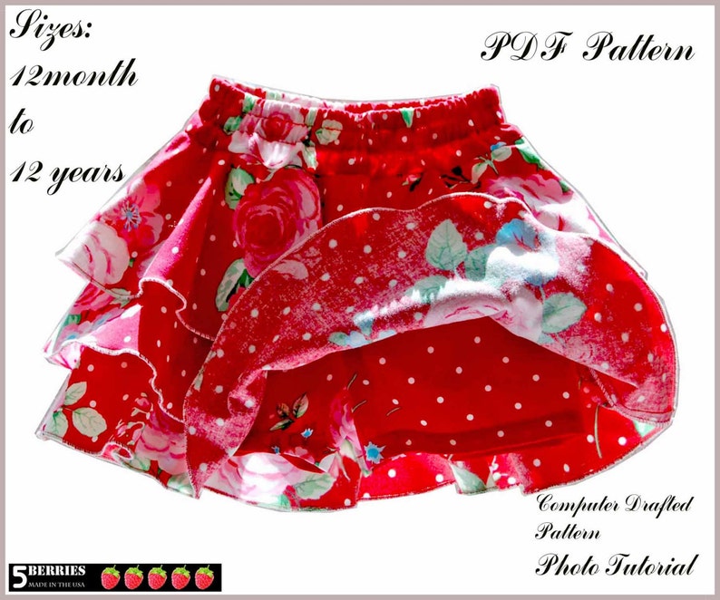 Skort shorts patroon voor meisjes en peuters. Rok naaien pdf-patronen voor peuters, kinderen. Maten: 12m-12j afbeelding 6