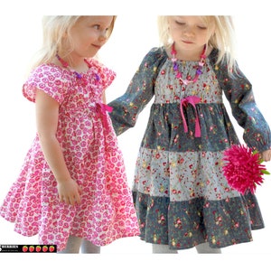 High-waist peasant girls dress pattern. Sewing PDF clothing pattern for children, toddler. Sizes 12 months to 12 years.