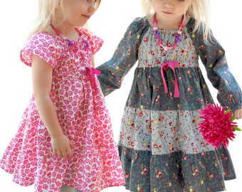 Wzór sukienki dla dziewczynek z wysokim stanem. Wzór ubrania do szycia w formacie PDF dla dzieci i maluchów. Rozmiary od 12 miesięcy do 12 lat.