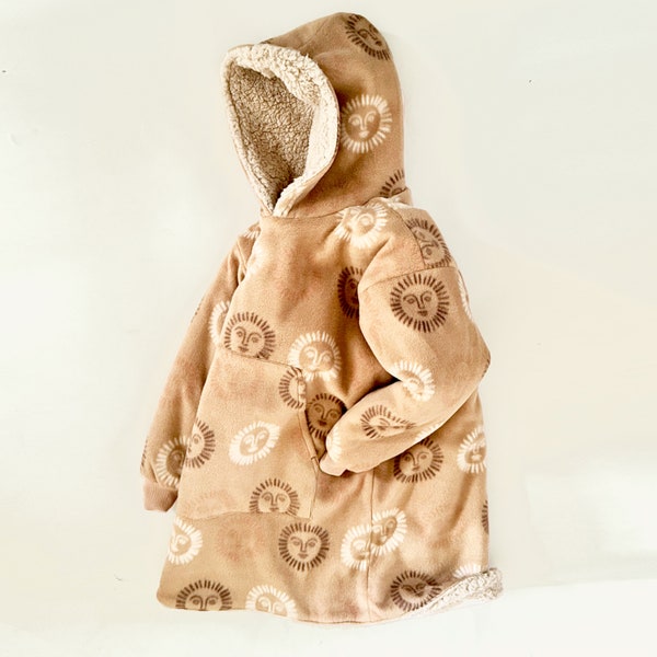 Hooded sweatshirt coat sewing PDF pattern for toddlers, girls, boys, men and women. Snuggie wearable blanket pattern. Sizes: 2y-Adult
