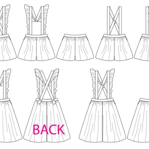 May include: Line drawing of a skirt with suspenders, showing the front and back views. The skirt has a ruffle trim at the top and a straight hemline. The suspenders are crossed in the back and have a button closure at the shoulders.