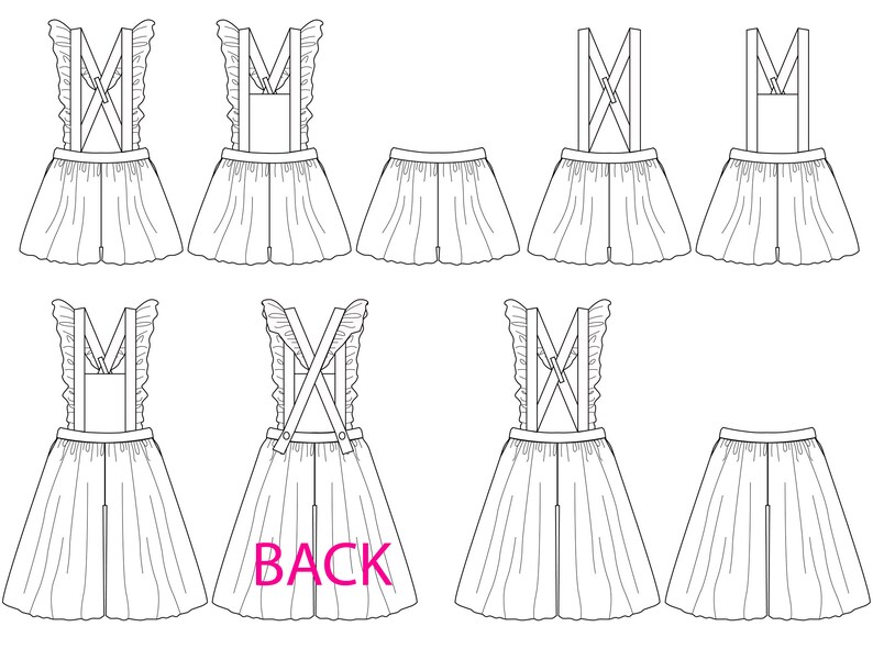 May include: Line drawing of a skirt with suspenders, showing the front and back views. The skirt has a ruffle trim at the top and a straight hemline. The suspenders are crossed in the back and have a button closure at the shoulders.