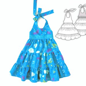 May include: A blue halter dress with a floral print and multiple tiers. The dress has a tie at the neck and a ruffled hem.