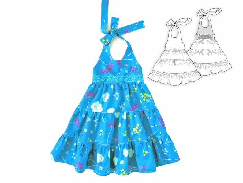 May include: A blue halter dress with a floral print and multiple tiers. The dress has a tie at the neck and a ruffled hem.