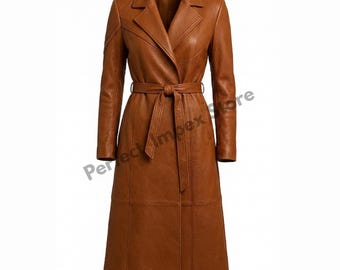Vintage Brown Leather Trench Coat - Elegant Long Overcoat