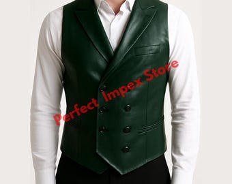 May include: A dark green leather vest with a double-breasted design. The vest has a notched lapel, four buttons, and a small pocket. The text "Perfect Impex Store" is visible on the vest.