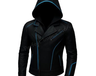 Cyberpunk Leather Jacket with Hood – Futuristic Neon Trim Biker Jacket, Techwear Streetwear Mens Cyber Punk Coat