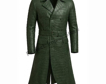Vintage Green Leather Trench Coat, 90s Oversized Duster