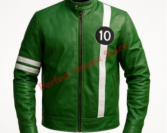 May include: Green leather jacket with a white stripe down the right side and white stripes on the left sleeve. A black circle with the number 10 is on the chest. The jacket has a zipper closure and a stand-up collar.