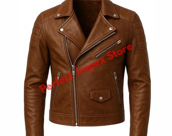 Puede incluir: Chaqueta de cuero marrón de estilo motero clásico. Presenta solapas con muescas, cierre de cremallera asimétrico, múltiples bolsillos con cremallera y detalles acolchados en los hombros. El texto "Perfect Impex Store" es visible.