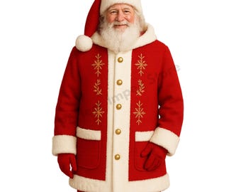May include: A red Santa Claus suit with white trim, gold buttons, and embroidered snowflakes. The suit includes a hat, jacket, pants, and gloves. The jacket has a hood and pockets. The Santa Claus suit is a festive outfit for Christmas.